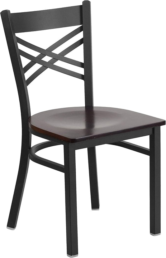 Flash Furniture HERCULES Series Black ''X'' Back Metal Restaurant Chair - Walnut Wood Seat