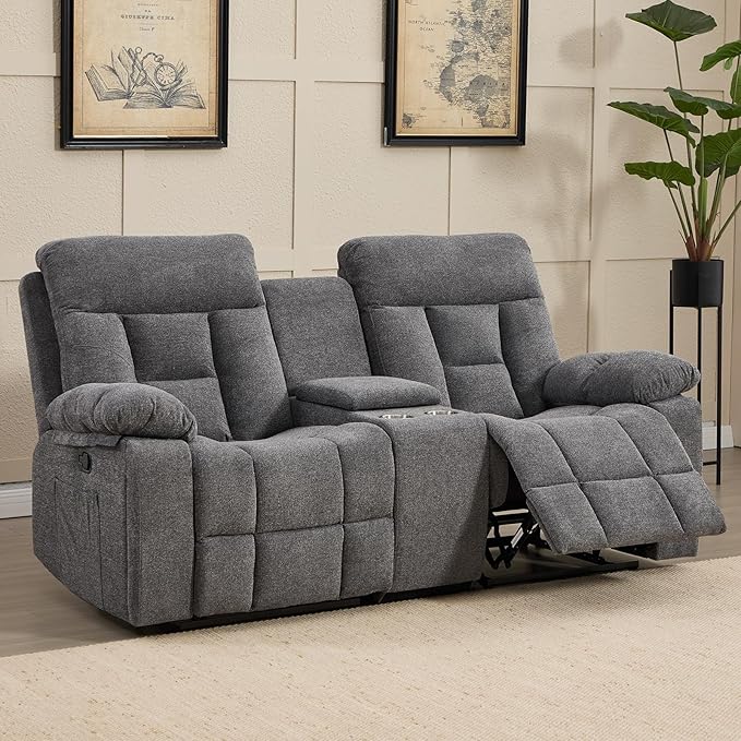 CANMOV Loveseat Recliner, Manual Recliner Sofa Chair for Living Room, Reclining Sofa with Storage Console,Hidden Cup Holders, 2 Seat, Grey