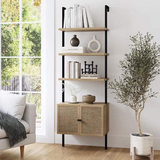Nathan James Theo Ladder 3 tier Open Bookshelf with Rattan Drawers and Matte Steel Frame, Light Oak/Black