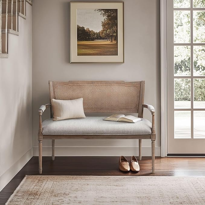 Madison Park Willshire Natural Rattan Settee, Upholstered Seat - Charming Country Design, Rustic Reclaimed Wood Finish, Ratan Insert Backrest & Padded Arm Rest, 47.25" Wide Beige/Reclaimed Natural