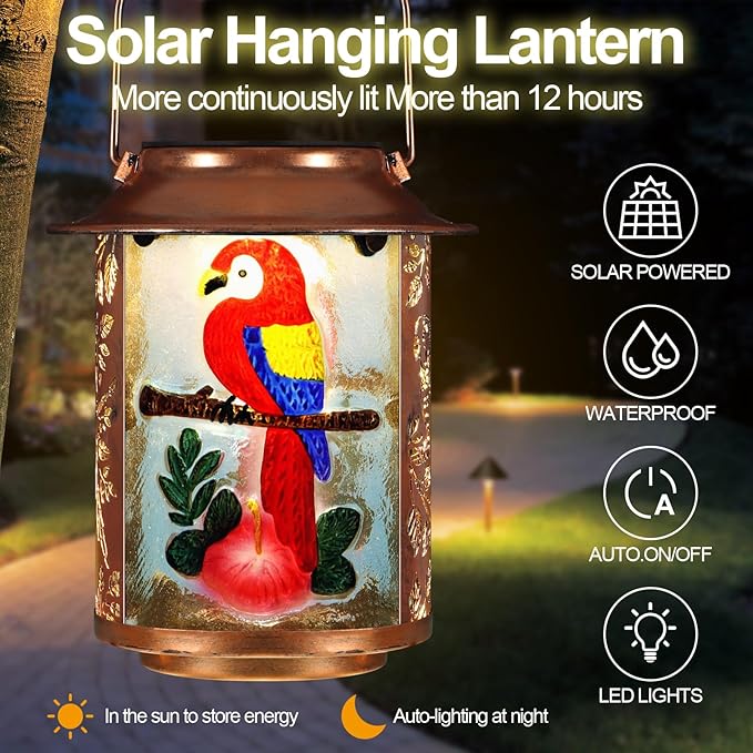 Parrot Solar Lanterns Outdoor Waterproof,Birthday Gifts for Women Mom Grandma Garden Decor,Hanging Solar Lights Wall Mount Decorations for Yard,Front Porch,Patio,Lawn Pathway Landscape