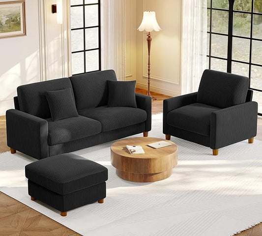 Welzona 70.2" Couches for Living Room, Comfy Sofa Set Tool-Free Setup, Corduroy Couch Set 7.1" Thicker Cushion, Accent Chair with Ottoman 848lbs Support, Sofas for Living Room Home Office, Black