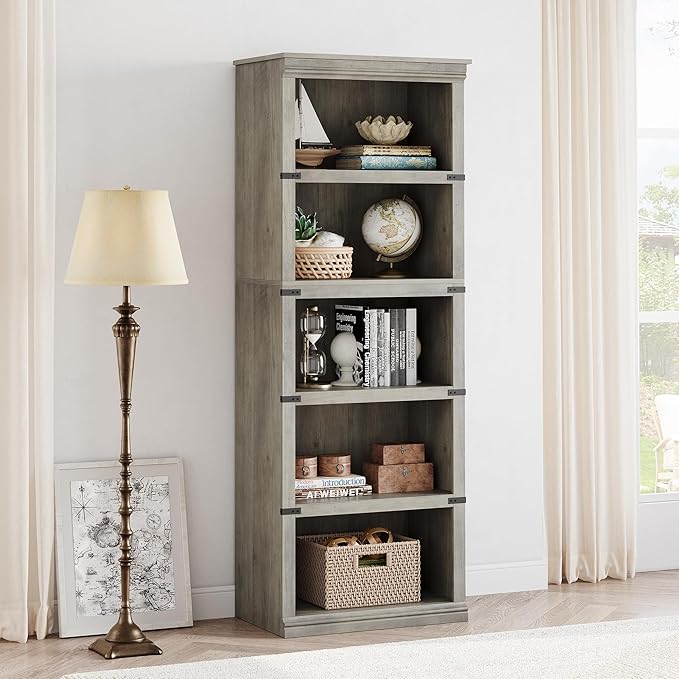 GarveeHome 5 Tier Farmhouse Bookcase, 67.4 in Tall Book Shelf with Storage, Wooden Bookshelves 5 Shelf Display Shelvesfor Home Office, Living Room, Bed Room (Grey, 67.4 in H x 24.4 in W x 12.8 in D)