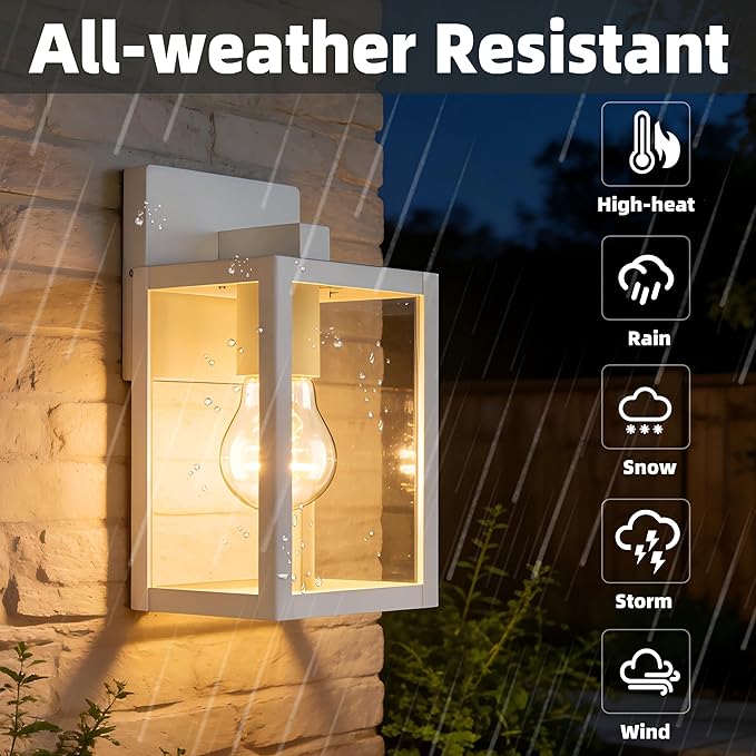 2 Pack Small Porch Sconce Lights-White 9 Inch Outdoor Wall Lantern Light Exterior Sconce Metal and Glass White Outside Wall Light for Hallway Entrance Garage Balcony