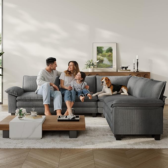 LINSY HOME Modular Sectional Sofa Couch Corduroy Cloud Couches for Living Room, V-Shaped Cloud Couch Sectional Sofas for Bedroom and Apartment, Grey