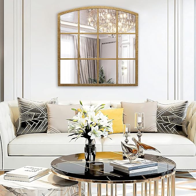 36 Inch Arched Window Mirror, Windowpane Decorative Mirror with Beveled, Metal Large Accent Mirrors, Grid Wall Mirrors for Living Room, Entryway, Vintage Gold