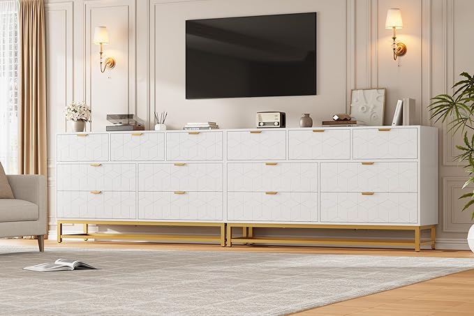 GAOMON Dresser for Bedroom, 53.5" Wide Dresser Organizer, 7 Drawer with Golden Metal Handle and Legs, Modern Chest of Drawers for Closet, Hallway, Living Room, Entryway, White