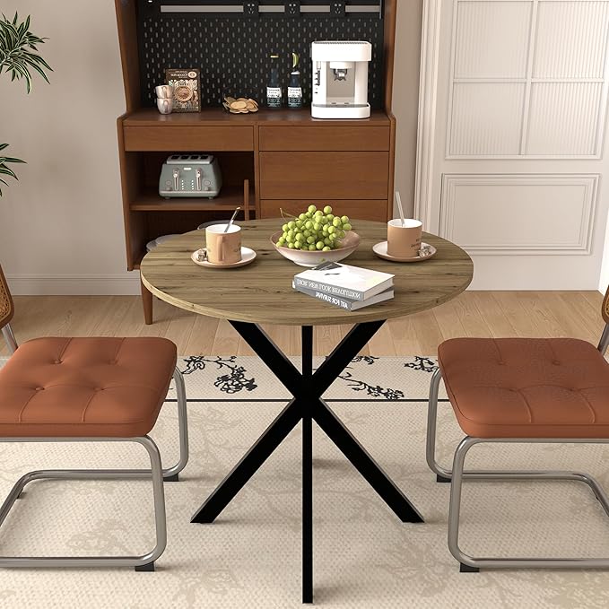 31.5" Round Dining Table for 2-4 People, Small Circle Kitchen Table with Black Metal Legs, Space-Saving Table for Apartments, Small Spaces (Rustic Brown)