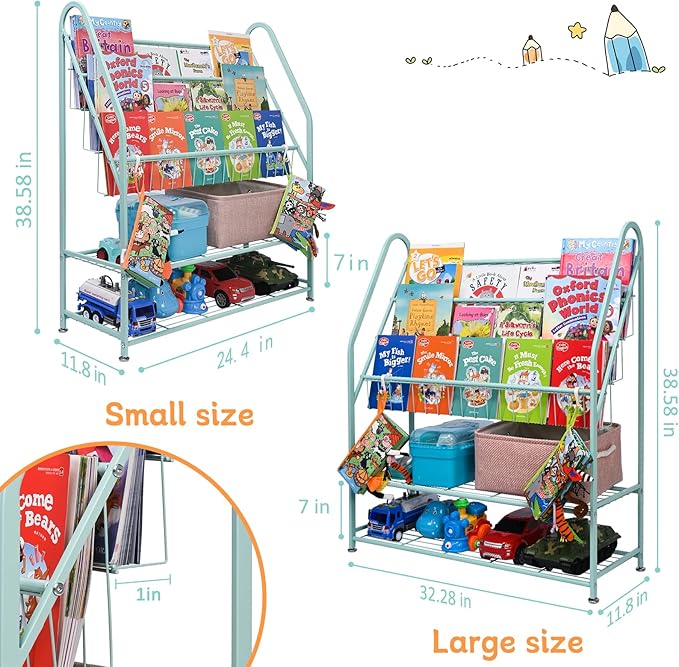 Kids Bookshelf Toy Storage, Bookcase Shelf for Children Room, 5-Tier Large Metal Cabinets Shelves Display, Freestanding Books Store Library, Bed Living Room Bins Organizer (Large, Green)
