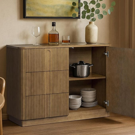 Teamson Home Potomac 42'' W Scandinavian Style Sideboard with 3 Drawer 1 Door and Adjustable Shelf, Solid Wood Frame, Push to Open and Acacia Veneer Living Room Storage Furniture in Greige