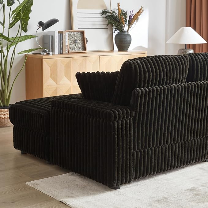 Corduroy Upholstered Modular Sectional Sofa Cloud Couch with Movable Ottoman, 84" Oversized Loveseat Convertible Sleeper Sofabed with 3 Cushion Backrest and Throw Pillows