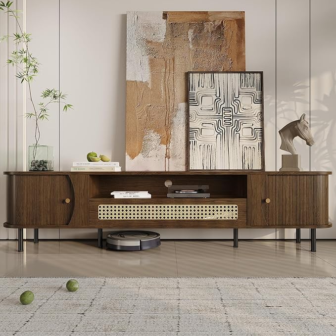 basenji 79" Fluted TV Stand with Sliding Doors & Rattan,Mid Century Modern Entertainment Center with Storage,Curved Edge Design,Media Console for TVs up to 85",TV Consoles for Living Room,Walnut