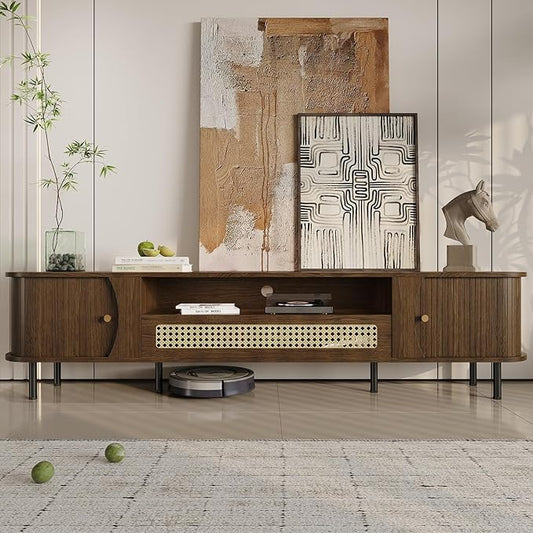 basenji 79" Fluted TV Stand with Sliding Doors & Rattan,Mid Century Modern Entertainment Center with Storage,Curved Edge Design,Media Console for TVs up to 85",TV Consoles for Living Room,Walnut