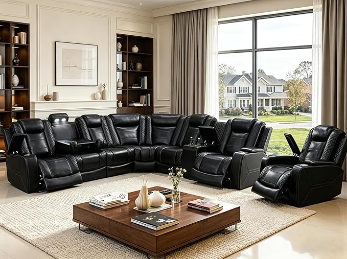 Power Reclining Sectional Sofa Set with LED, Living Room Furniture Sets, Leather Recliner Couch for Living Room/Home Theater, Sectional Couch and Chair with 3 Recliners, USB Port/Hide-Away Storage