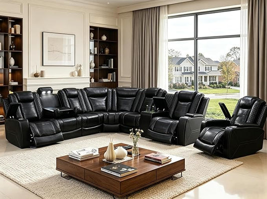 Power Reclining Sectional Sofa Set with LED, Living Room Furniture Sets, Leather Recliner Couch for Living Room/Home Theater, Sectional Couch and Chair with 3 Recliners, USB Port/Hide-Away Storage