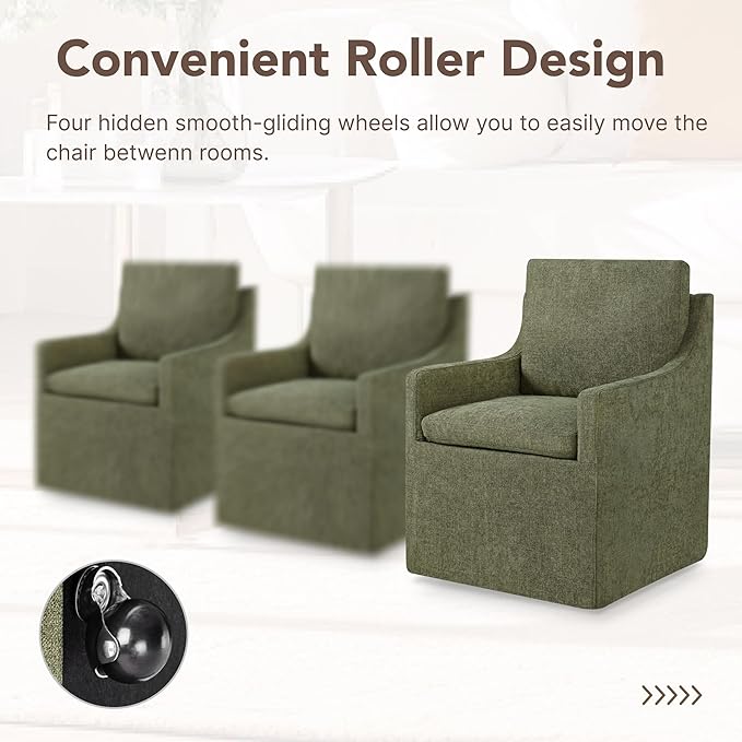 Upholstered Dining Chairs Set of 1, Modern Dining Room Chairs with Casters & Washable Cover, Rolling Accent Chair with Hidden Storage for Kitchen, Farmhouse, Living Room, Green, 1 Box