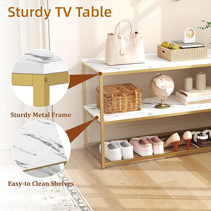 Function Home TV Stand for TVs up to 50 Inch, 2 Tier Entertainment Center, Modern TV Cabinet with Marble Top and Gold Metal Base, 42" Media Console Table with Storage for Living Room Bedroom