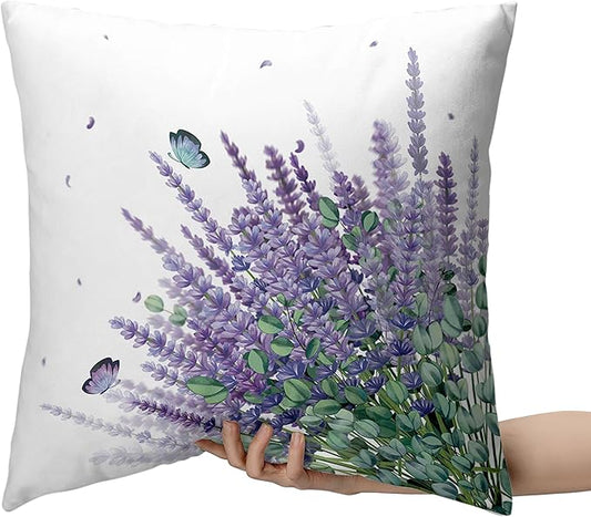 Purple Lavender Outdoor Cushion Cases for Patio Living Room Garden Sofa Set of 2 Spring Floral with Butterfly Throw Pillow Covers Flowers Farmhouse Square Pillowcases 24x24