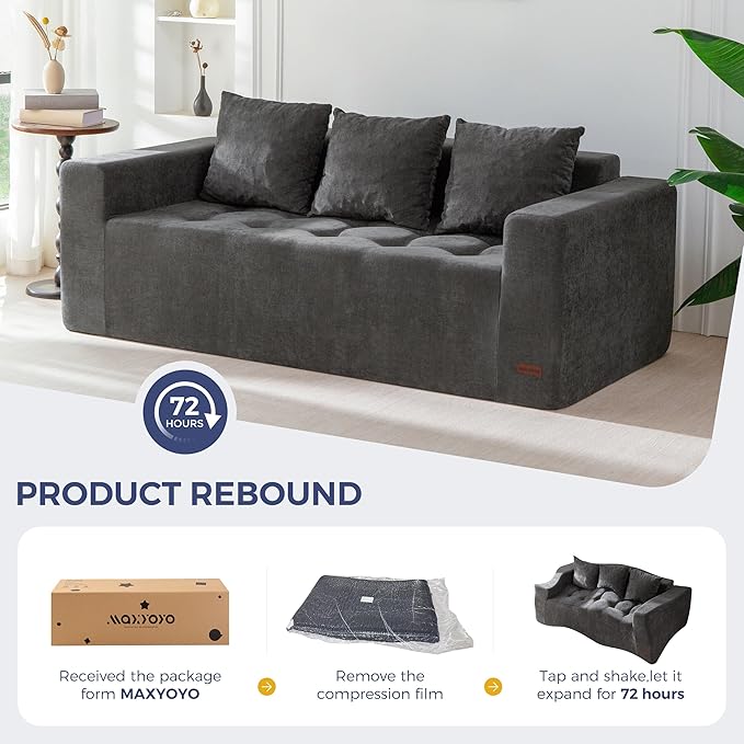 MAXYOYO Modular Sofa Couch, 75" Oversized Loveseat Boneless Cloud Couch with Deep Seat, Chenille Upholstered Living Room Sleeper Sofa Chair for Living Room, No Assembly Required, Dark Grey