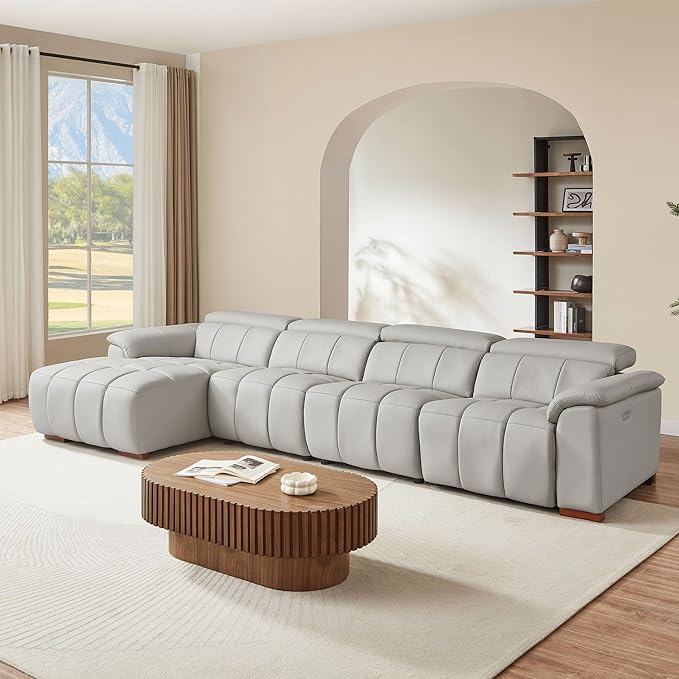 KEIKI 145" L-Shaped Genuine Leather Wall-Hugger Reclining Sofa with Left Chaise, Adjustable Backrest & Footrest, Modern Electric Control 4-Seater Couch with USB, for Living Room, Light Grey