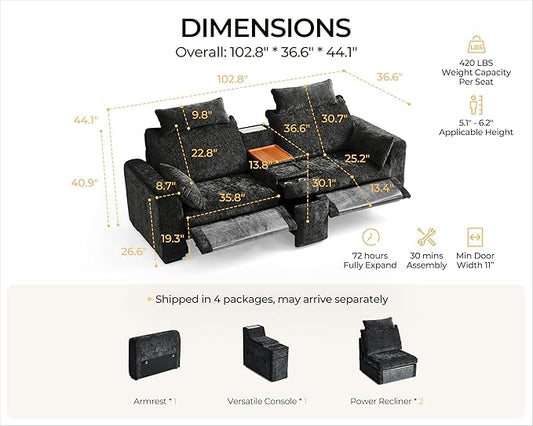 102.8'' Loveseat Power Recliner Sofa with Headrest, Oversized Cloud Modular Sectional Reclining Couch with Table, Storage Drawer, Charging, 2-Seater for RV Home Theater, Chenille, Black
