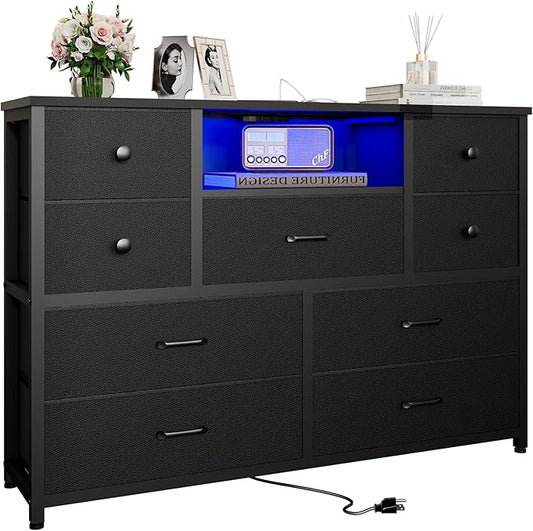 Dresser for Bedroom with 9 Drawers, Black Storage Organizer TV Stand for 55" TV with LED Lights and Sockets, Fabric Chest of Drawers with PU Finish for Kid Room, Entryway, Living Room, Hallway