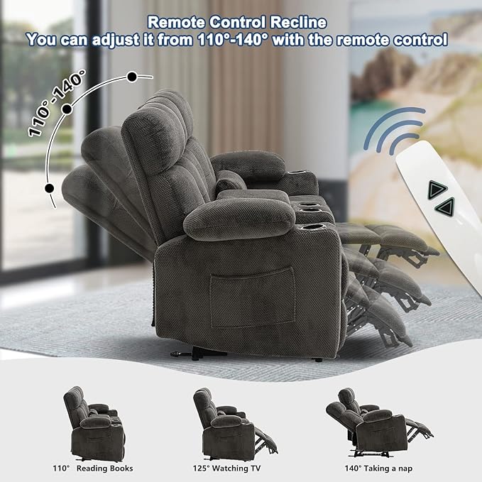 68'' RV Power Reclining Loveseat with Heat and Massage| RV Loveseat Recliner Sofa with Console| Double Reclining Couch with Cup Holder | Loveseat ReclinerTheater Seating(Fabric,Gray) | Double Seat, Electric Recliner