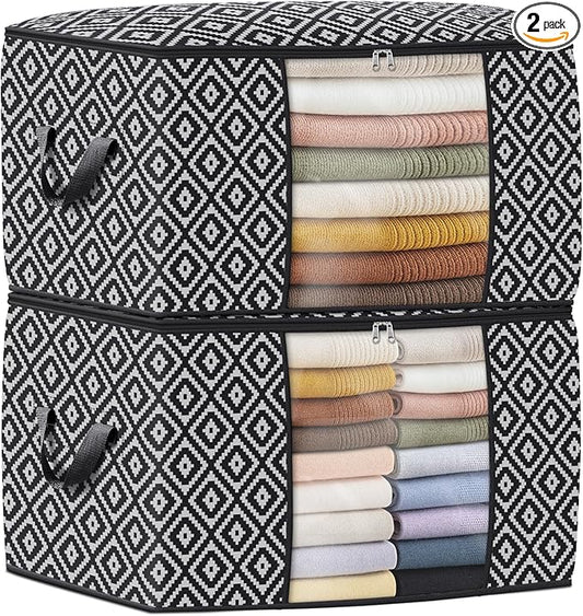 Direct 100L, 2 Pack, Storage Containers, Large Clothes Storage Bins Foldable Organization and Storage Bags with Reinforced Handle, Clear Window for Bedding, Blankets, Clothing, Black