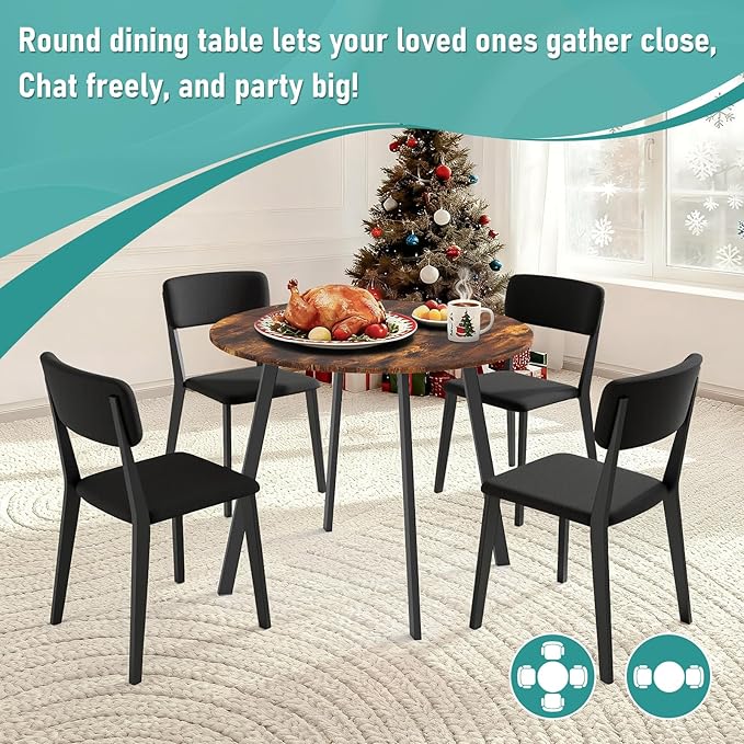 Karl home 35.4in Small Dining Table, Round Dining Table with Wood Finish Steel Legs, Circle Dinner Tables for Small Space, Apartment, Office, Kitchen, for 2 to 4 Person-Rustic Brown