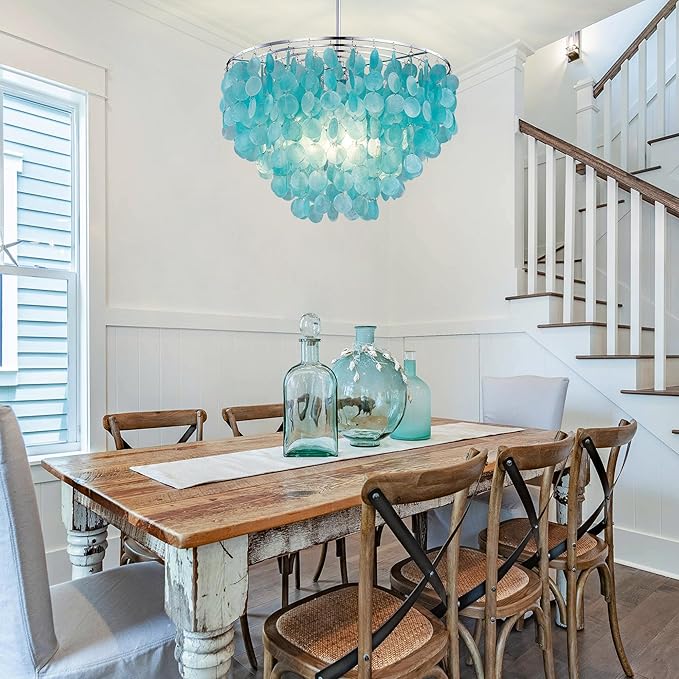 Wellmet Natural Capiz Shell Chandelier, 6 Lights Coastal Modern Blue Capiz Chandelier Pendant Lighting, Hanging Round Layered Chandelier for Living Room, Bedroom, Kitchen, Foyer, 23.62” D