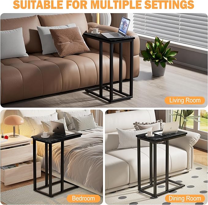VECELO Universal C-Shaped Side Table, Multi-Functional Snack & TV Tray for Living Room, Bedroom, Black Marble (1 Set)