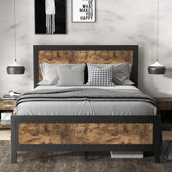 SHA CERLIN Grey Metal Bed Frame Queen, Industrial Wooden Platform Base with Rivet Headboard and Footboard, No Box Spring Needed