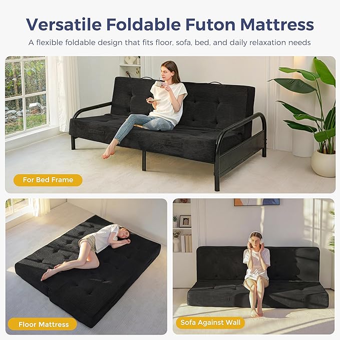 MAXYOYO 8" Foldable Floor Sofa Bed, Tufted Foldable Couch Bed Thick Folding Mattress with Handles, Versatile Folding Sofa Couch for Floor Sleeping, Living Room & Guest Room, Black