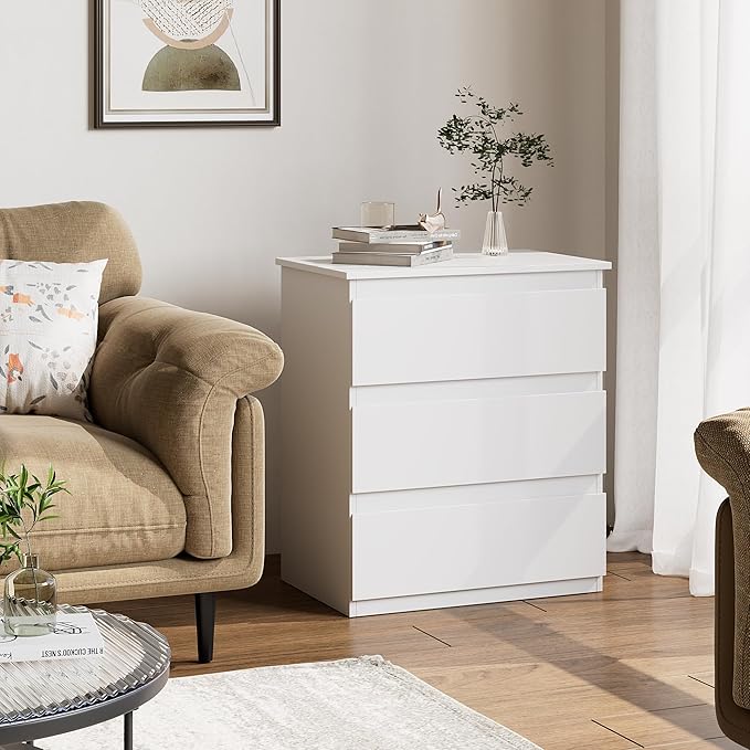 Bamjoy White Nightstand with 3 Drawers, Beside Table with Drawers for Bedroom, Small Side Table Storage Cabinet 3 Drawer Night Stand for Home Office, 18.0W x 14.0D x 24.8H Inches
