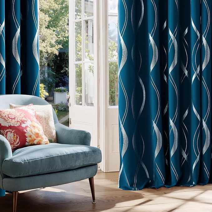 NICETOWN Moroccan Blue Blackout Curtains 84 inch Long for Living Room, Art Decor Scandinavian Style for Festival Wave Line Foil Print Design Drapes for Wall Cover, W52 x L84, 2 Panels