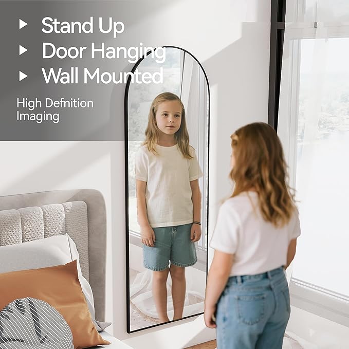 57x20 Door Hanging Full Length Mirror, Floor (Height 5.7ft just Body in1.3ft) or Wall Mounted Metal Frame Arch Dressing Mirrors for Bedroom Bathroom Living Room 57 20 inch Black