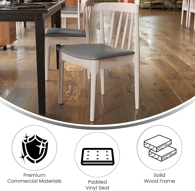 Flash Furniture Chester Solid Wood Dining Chair, Commercial Grade Restaurant Chair with Curved Spindle Backrest and Vinyl Padded Seat, Antique White/Beige