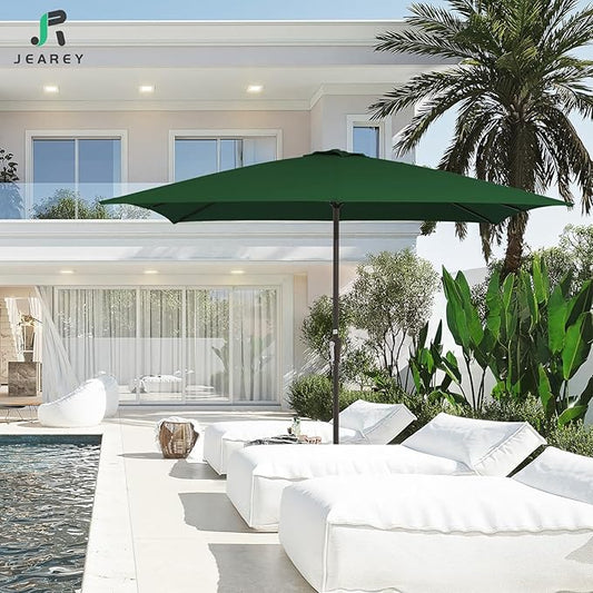 JEAREY 8x10 ft Rectangular Patio Umbrellas Outdoor Table Market Umbrella w/Crank, 8 Sturdy Ribs, UV Protection Windproof Sunproof for Garden, Deck, Backyard, Pool(Dark Green)