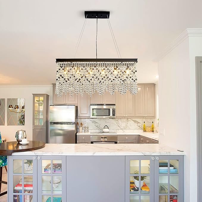 Q&S Black Modern Crystal Chandelier,L30 6-Light Luxury Rectangle Chandelier Light Fixtures for Dining Room Kitchen Island Bar UL Listed