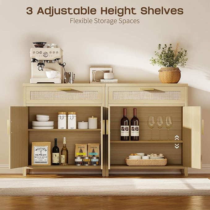 Rattan Sideboard Buffet Cabinet with Storage, Accent Cabinet with Doors and Shelves, Boho Credenza Farmhouse Coffee Bar with Drawers, Kitchen Storage Cabinets for Entryway Living Room,Natural