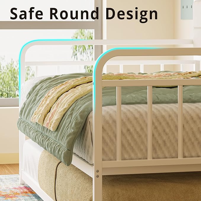 LIKIMIO Daybed with Trundle, Sturdy Metal Twin Bed Frame with Upholstered Headboard and Charging Station for Living Room, Bedroom and Guest Room, White