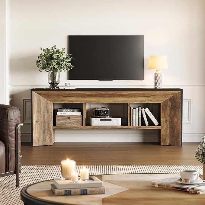 LITTLE TREE TV Stand for Up to 70 Inch TV, 63 Inches Long Entertainment Center for Living Room, Industrial Large Media Television Console Furniture with 3 Storage Cubes, Rustic Brown and Black