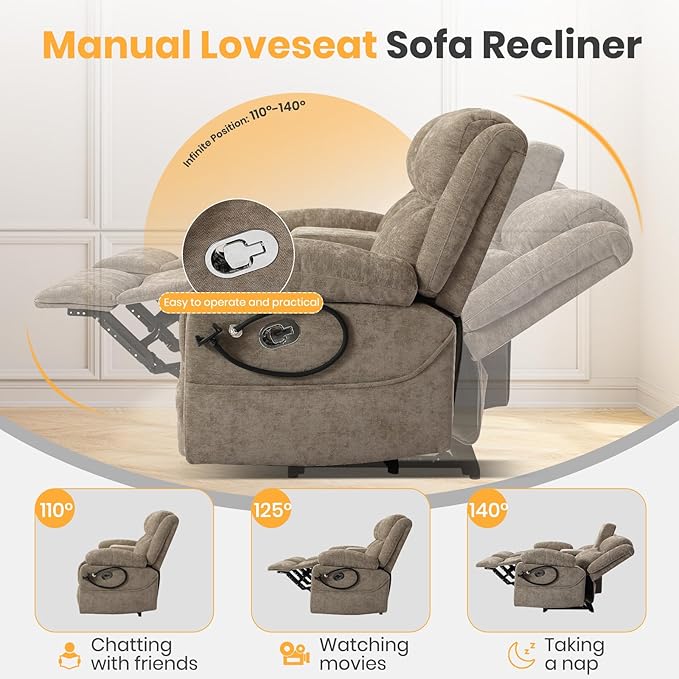Loveseat Recliner Sofa, Reclining Loveseat with Console, RV Wall Hugger Double Loveseat Recliner Couch for Living Room & Home Theater (Chenille-Camel)