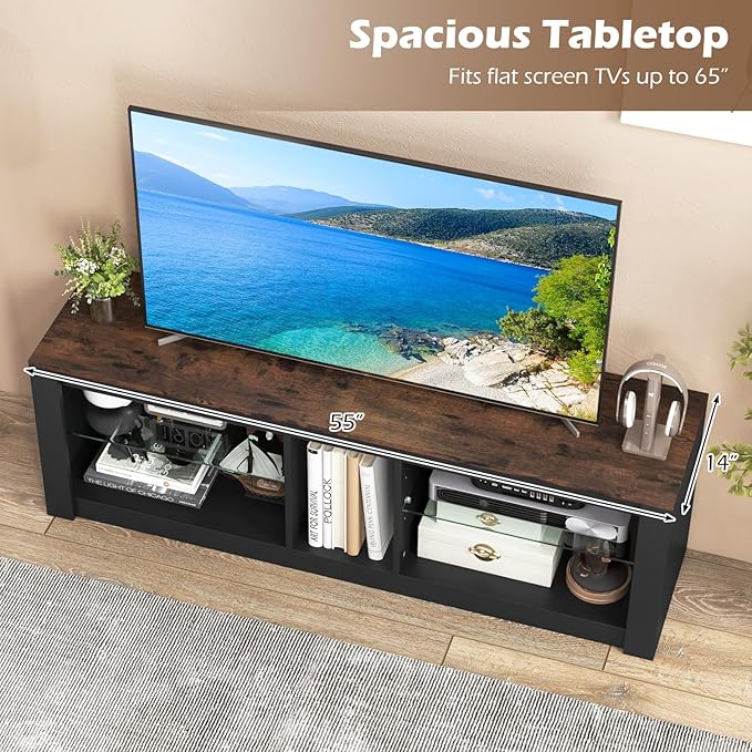 Tangkula LED TV Stand for 65 Inch TVs, Gaming Entertainment Center w/Open Storage, Adjustable Tempered Glass Shelves, Modern Media TV Console Table for Living Room Bedroom (Rustic Brown)