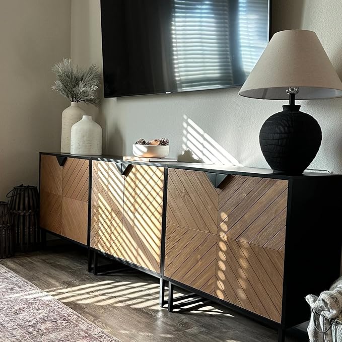 Nathan James Enloe Modern Sideboard Buffet Storage Accent Cabinet TV Stand with Doors in Rustic Pine Wood Finish and Matte Metal Base for Hallway, Kitchen or Living Room, Walnut Brown/Black, Set of 2