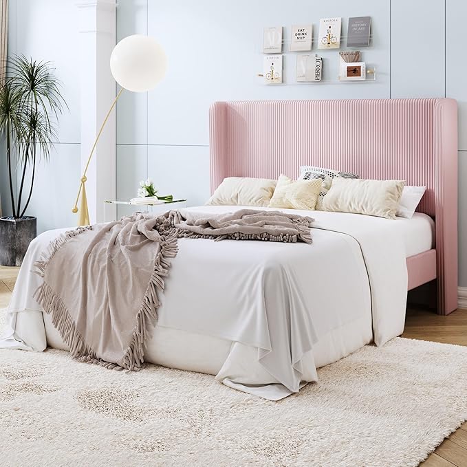 SHA CERLIN Queen Size Corduroy Upholstered Platform Bed Frame with Vertical Channel Tufted Wingback Headboard, 8" Under Bed Storage, Wooden Slats & Metal Frame Support, Easy Assembly, Light Pink