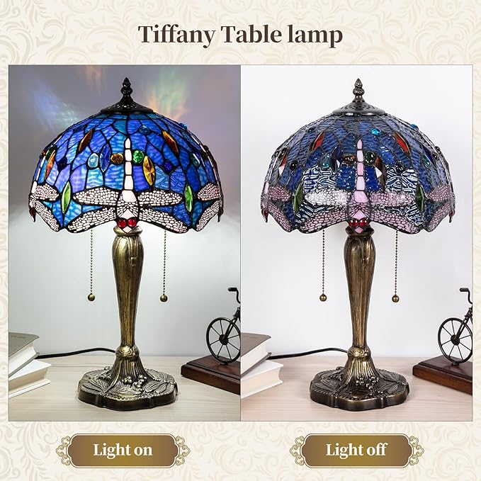 Small Tiffany Table Lamp, Blue Dragonfly Stained Glass Lamp,12 Inch Tiffany Style Lamp for Bedroom Living Room Home, Handcrafted Light, Included Bulb
