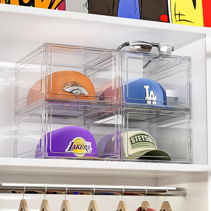 Hat Organizer Box for Baseball Caps, 4 Pack Clear Plastic Hat Storage Box Display Case with Magnetic Door, Hat Rack Holder for Closet, Snapback Organizer, Hold 8 Cap Each