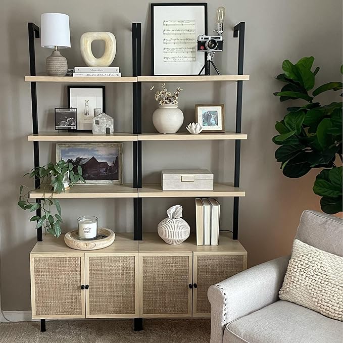 Nathan James Theo Industrial Open Shelf Bookcase with Accent Rattan Drawers Light Oak Wood, Matte Black Frame, Set of 4
