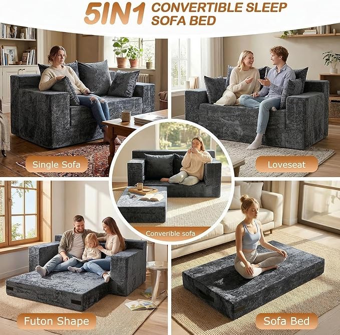 Convertible Sofa Bed, 5 in 1 Small Boneless Couch Pull Out Loveseat Sleeper Sofa,Corduroy Futon Couch Folding Mattress with 4 Pillows for Living Room (Dark Gray, Loveseat(Silky Velvet))